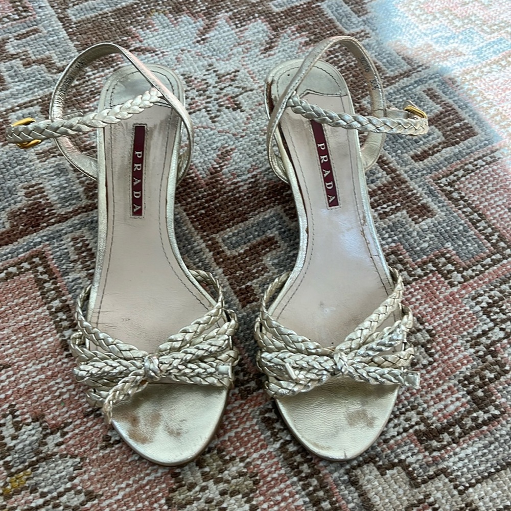 Prada/ used/ gold metallic/ shoes/ cork heel/ size 36.5